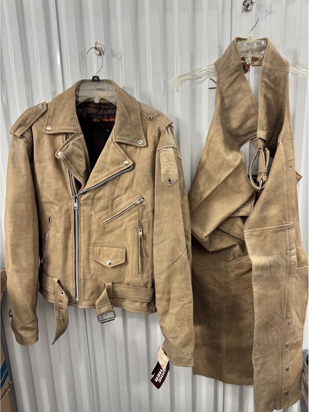 Vintage Hot Leathers Men's Motorcycle Leather 48 Jacket & L Chaps Set w/Tags